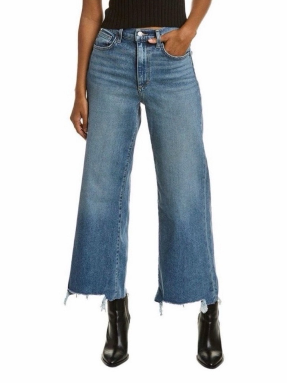 Joe’s Jeans 34 High Rise Wide Leg Ankle Fray Raw Distressed Hem Blue